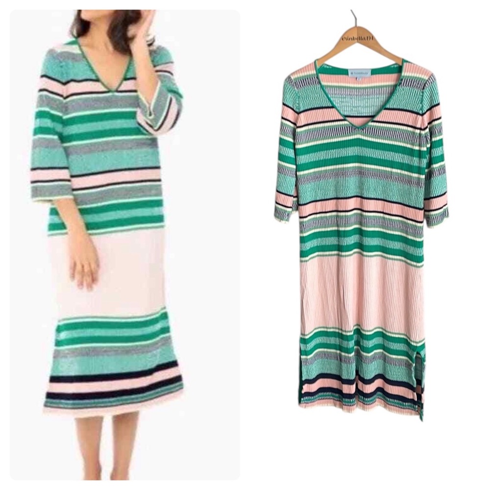 Tuckernuck Striped V-Neck Midi Dress in Green, Pink, Black